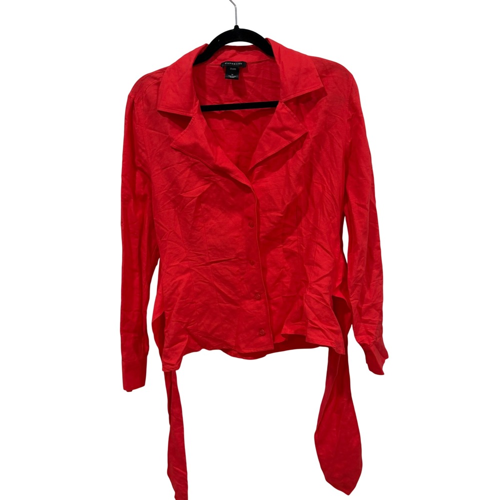 Natorious Red Linen Blend Button Down Tie Waist Shirt Womens Medium Long Sleeve